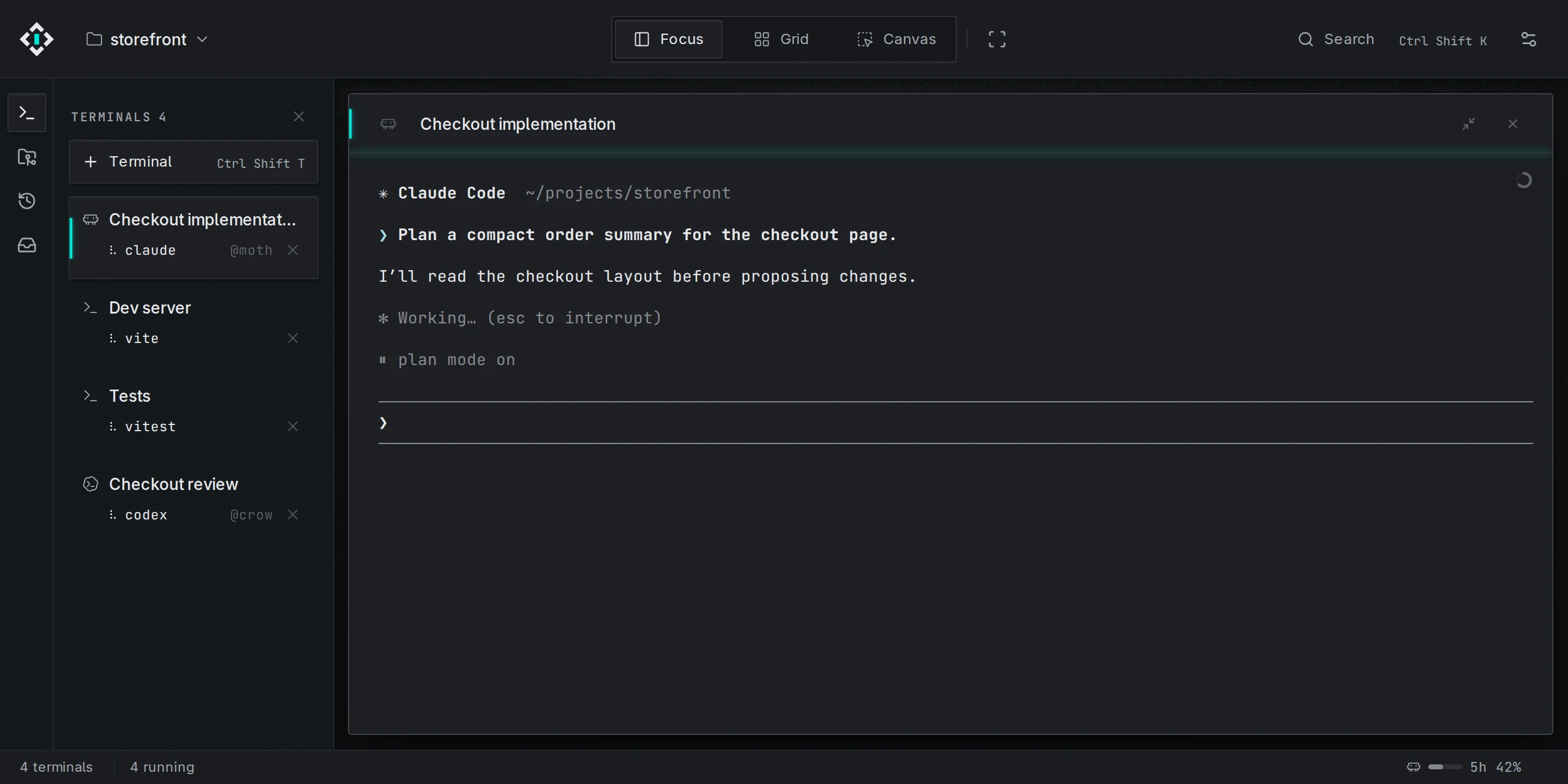 Novadeck with four terminals in a project, Claude Code running in the main pane.
