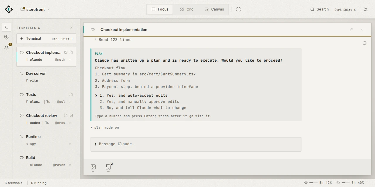The Novadeck app with several agents' terminals, one of them asking for approval.